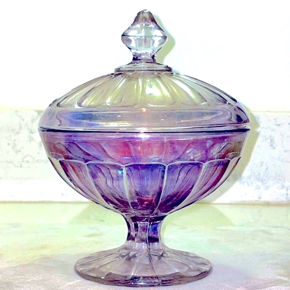 Antique Carnival Glass Covered Candy Jar Clear Amethyst Iridescent Signed Heisey - Picture 9 of 9